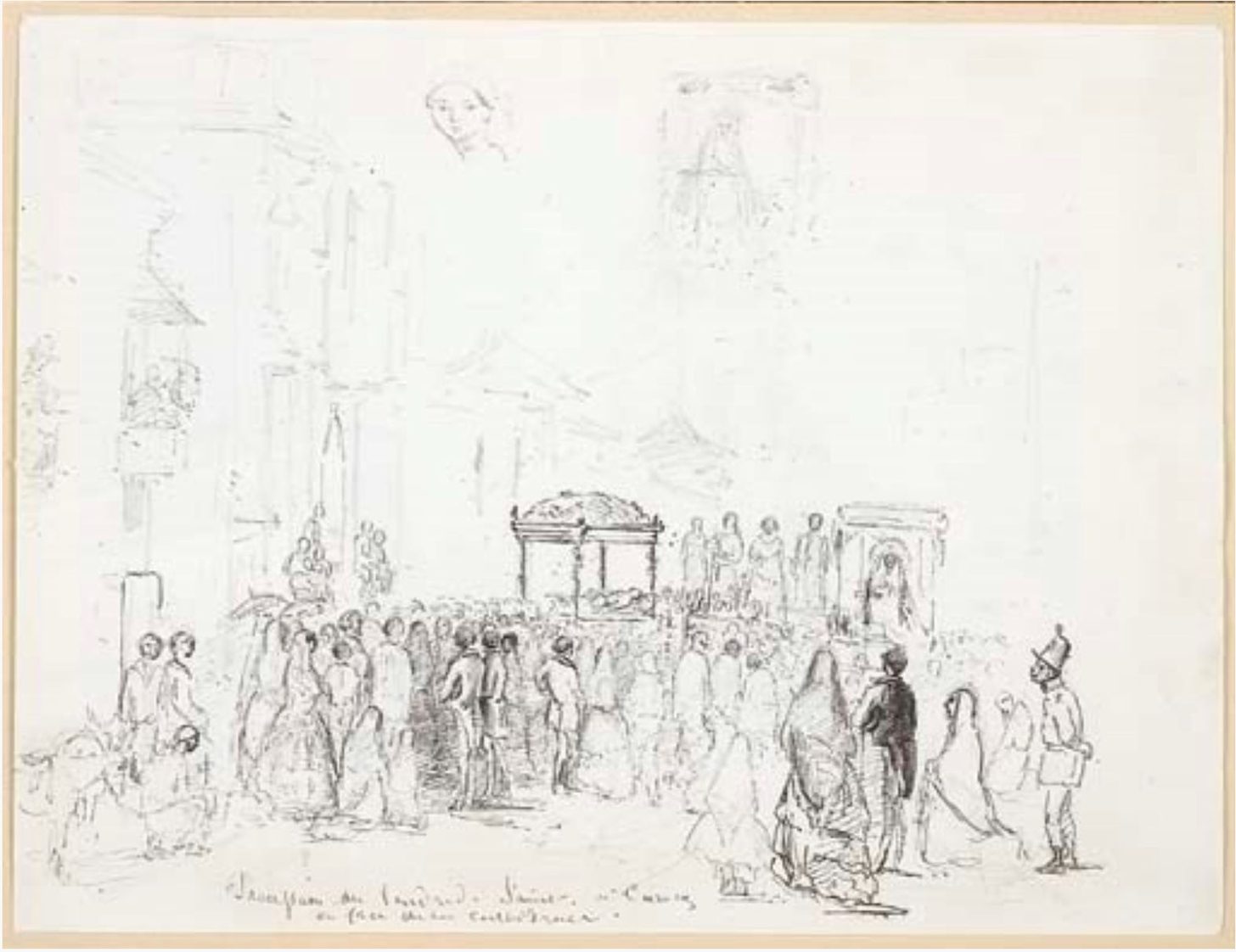 Camille Pissarro, The Good Friday procession outside the Cathedral of Caracas, with a subsidiary study of the Virgin and a woman’s head , 1854