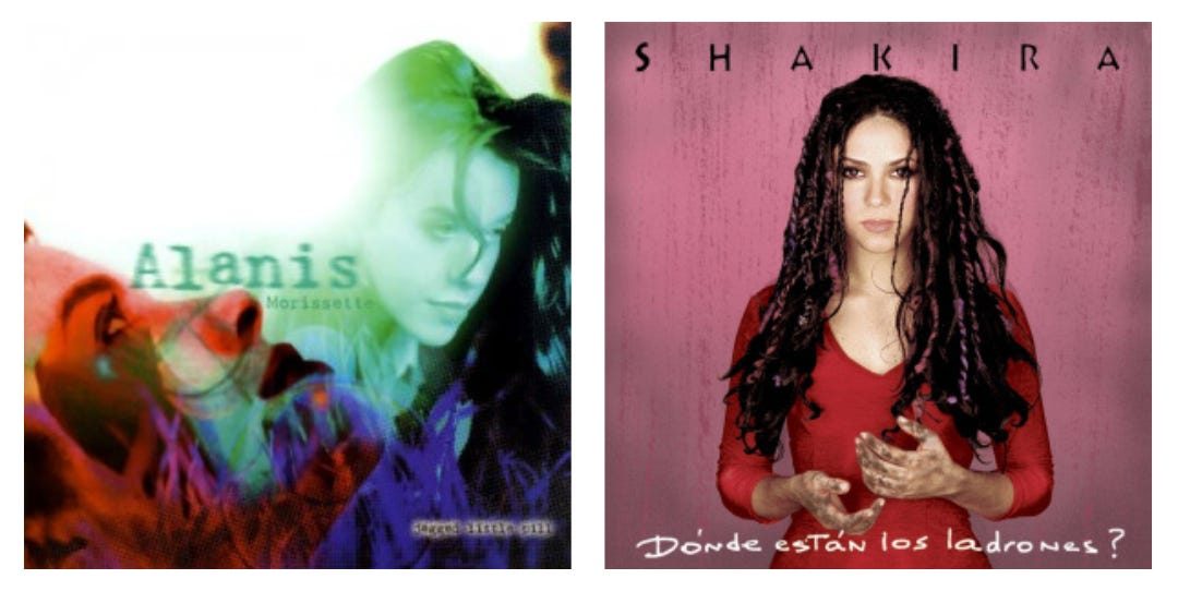 Alanis Morissette, Jagged Little Pill, 1995 (album cover) / Shakira, ¿Dónde Están los Ladrones?, 1998 (album cover)