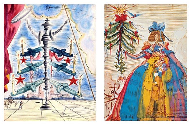 Salvador Dalí, Don Quijote, 1960 & Salvador Dalí, Felicitación de Navidad (con la infanta Margarita de “Las meninas”) , 1961